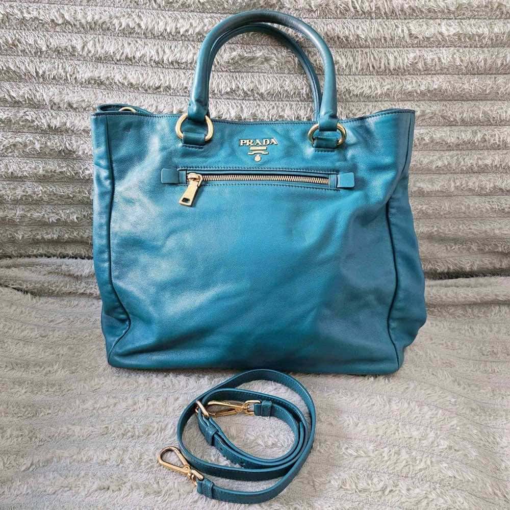Prada Shopper Tote Blue Leather Gold Good condition - Back View