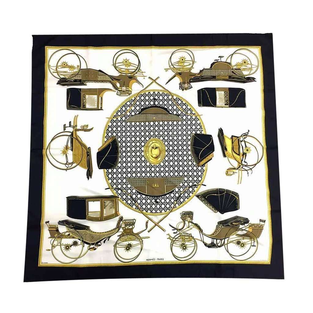 Hermès Hermes Les Voitures A Transformation Black and Gold Carriages Silk Scarf Black Silk Good condition - Front View