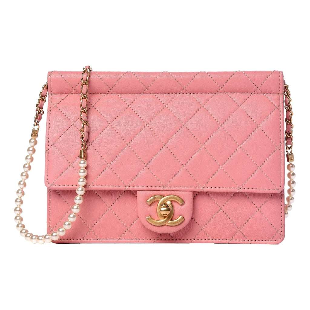 Chanel Chanel Pink Quilted Lambksin Pearl Chain Crossbody Handbag Pink Leather Good condition - Front View