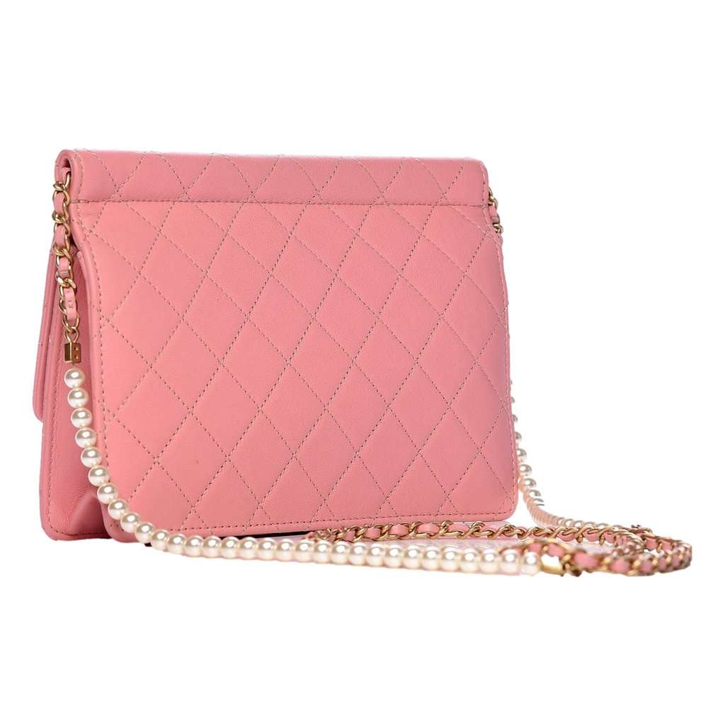 Chanel Chanel Pink Quilted Lambksin Pearl Chain Crossbody Handbag Pink Leather Good condition - Back View