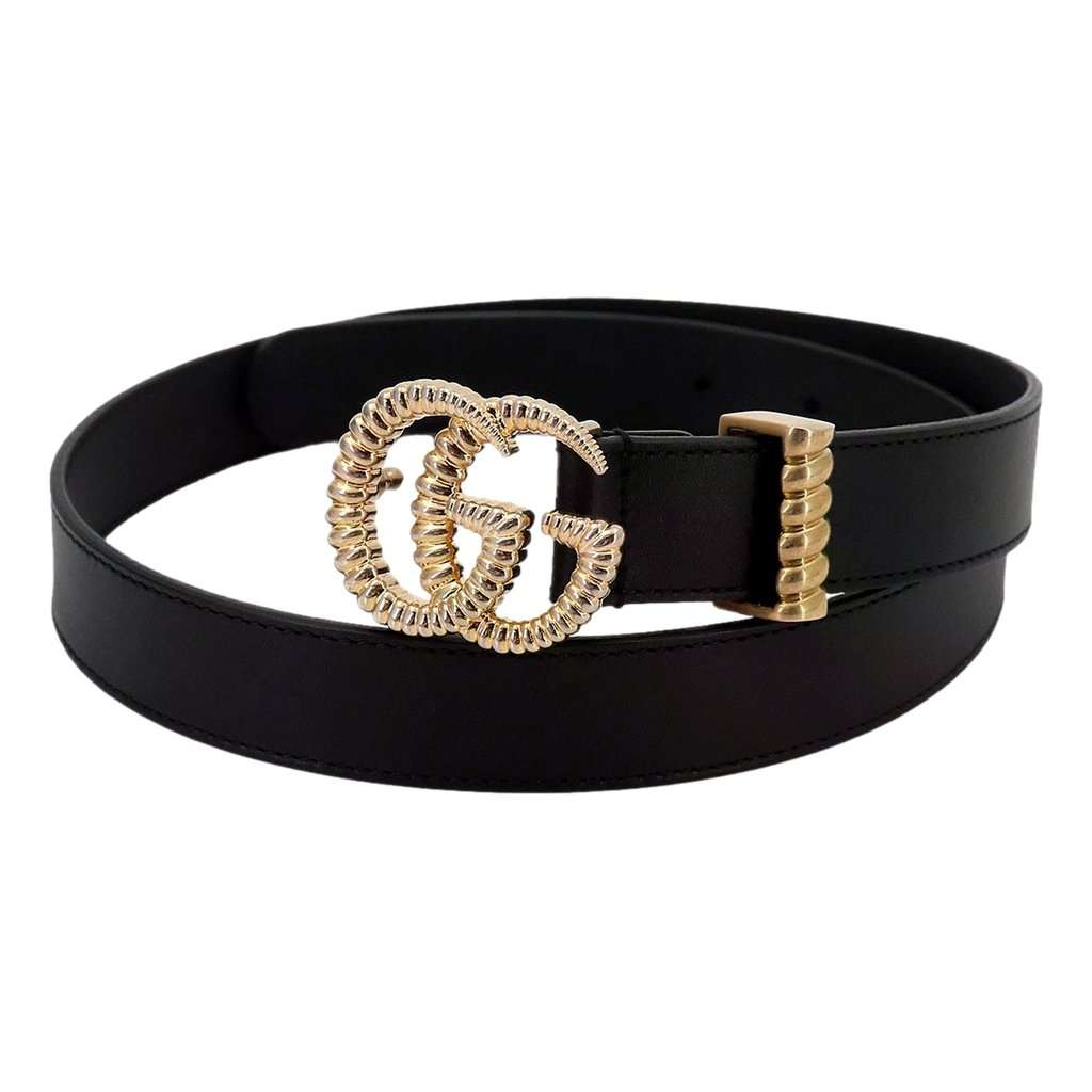 Gucci Gucci Black Leather Gold Double G Torchon Buckle Slim Belt 80/32 Black Leather Good condition - Front View