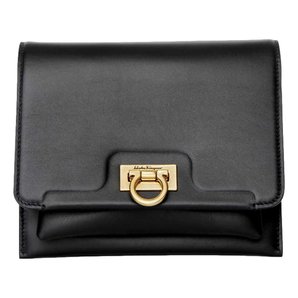 Salvatore Ferragamo Ferragamo Trifolio Black Leather Flap Crossbody Bag Gold Gancini Designer Black Leather Never worn - Front View