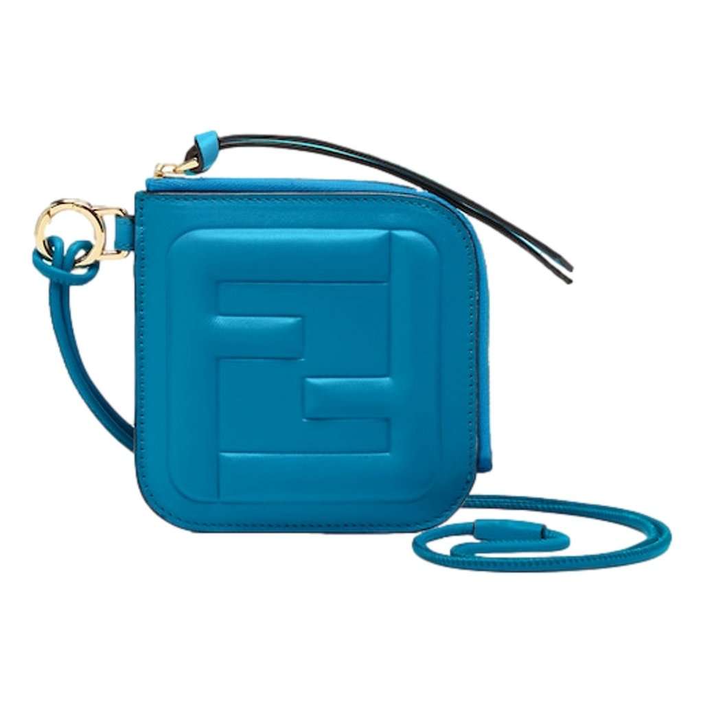 Fendi Fendi FF Cube Embossed Small Zip Wallet Mare Blue Leather with Strap Blue Leather Never worn - Front View
