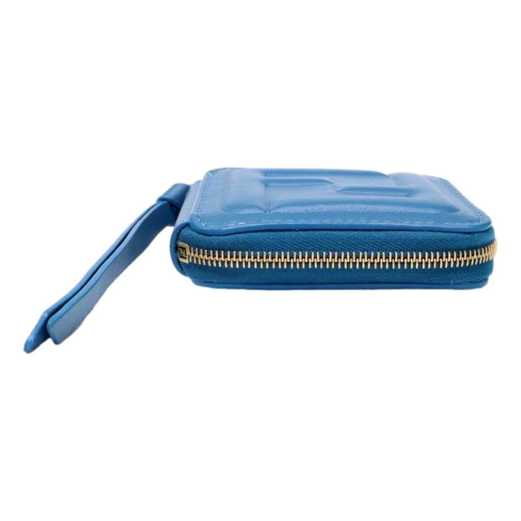 Fendi Fendi FF Cube Embossed Small Zip Wallet Mare Blue Leather with Strap Blue Leather Never worn - Back View