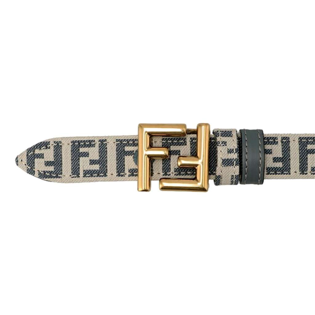 Fendi Fendi FF Denim Blue and White Canvas Leather Reversible Belt Gold Tone Buckle 95 Blue Leather Never worn - Back View