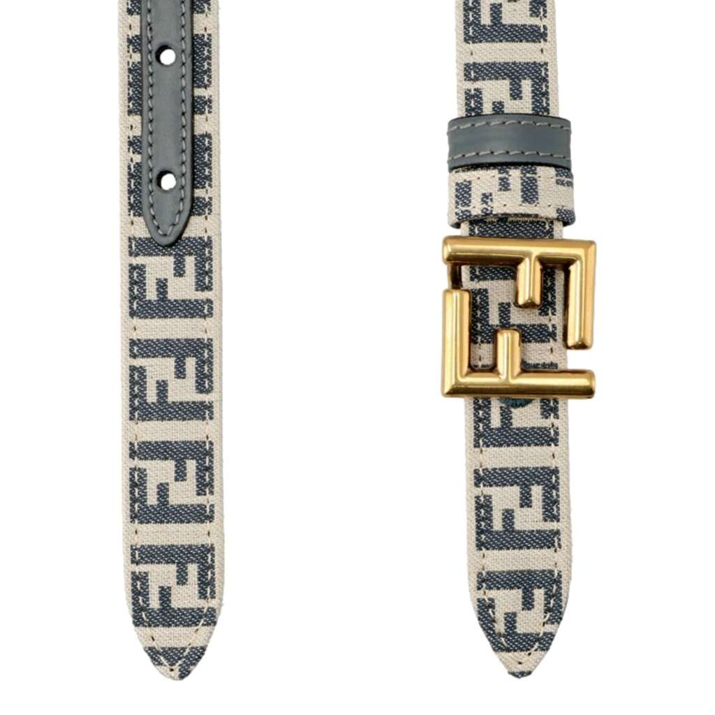 Fendi Fendi FF Denim Blue and White Canvas Leather Reversible Belt Gold Tone Buckle 95 Blue Leather Never worn - Inside View