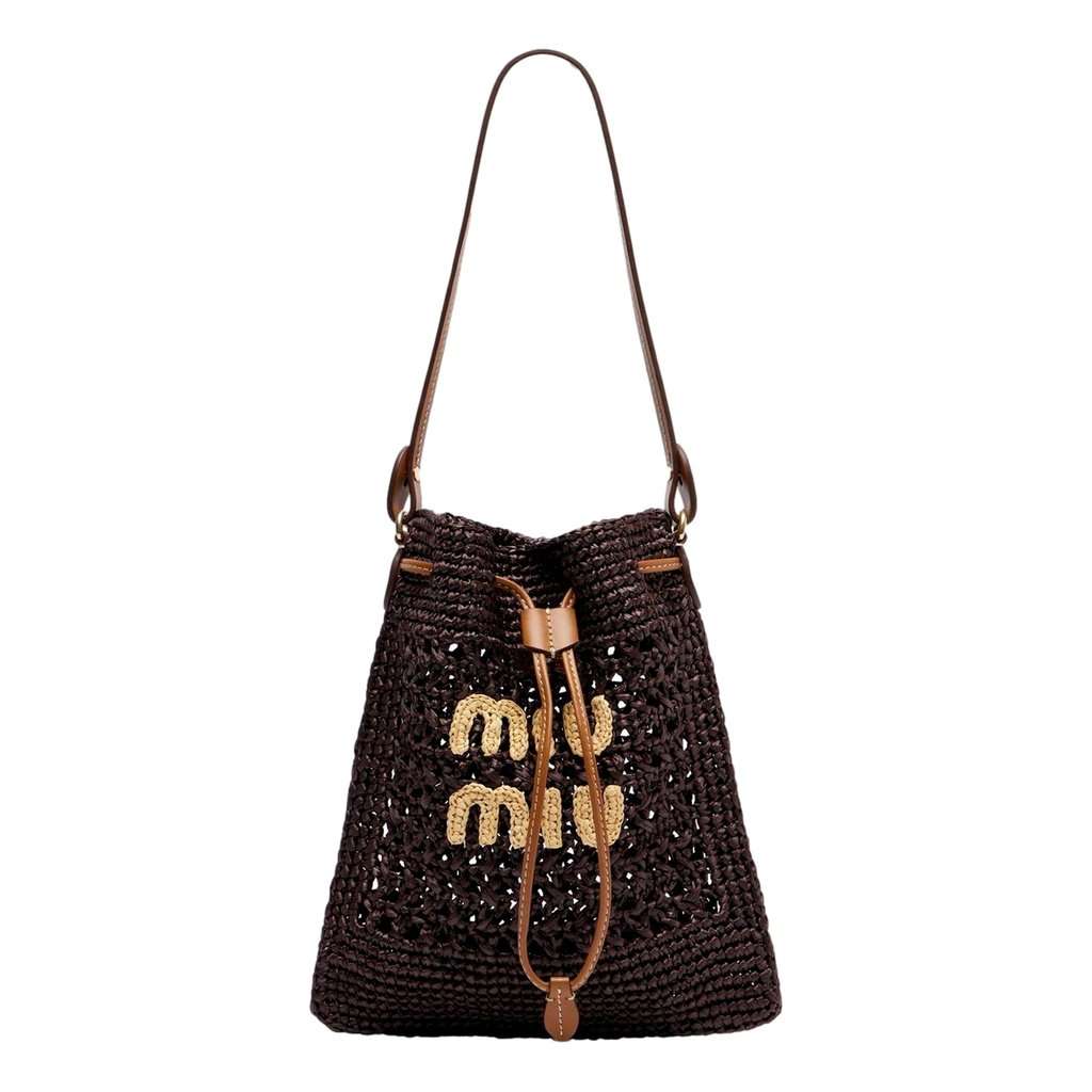 Miu Miu Miu Miu Woven Raffia Mini Bucket Bag in Chocolate Brown Brown Leather Never worn - Model View