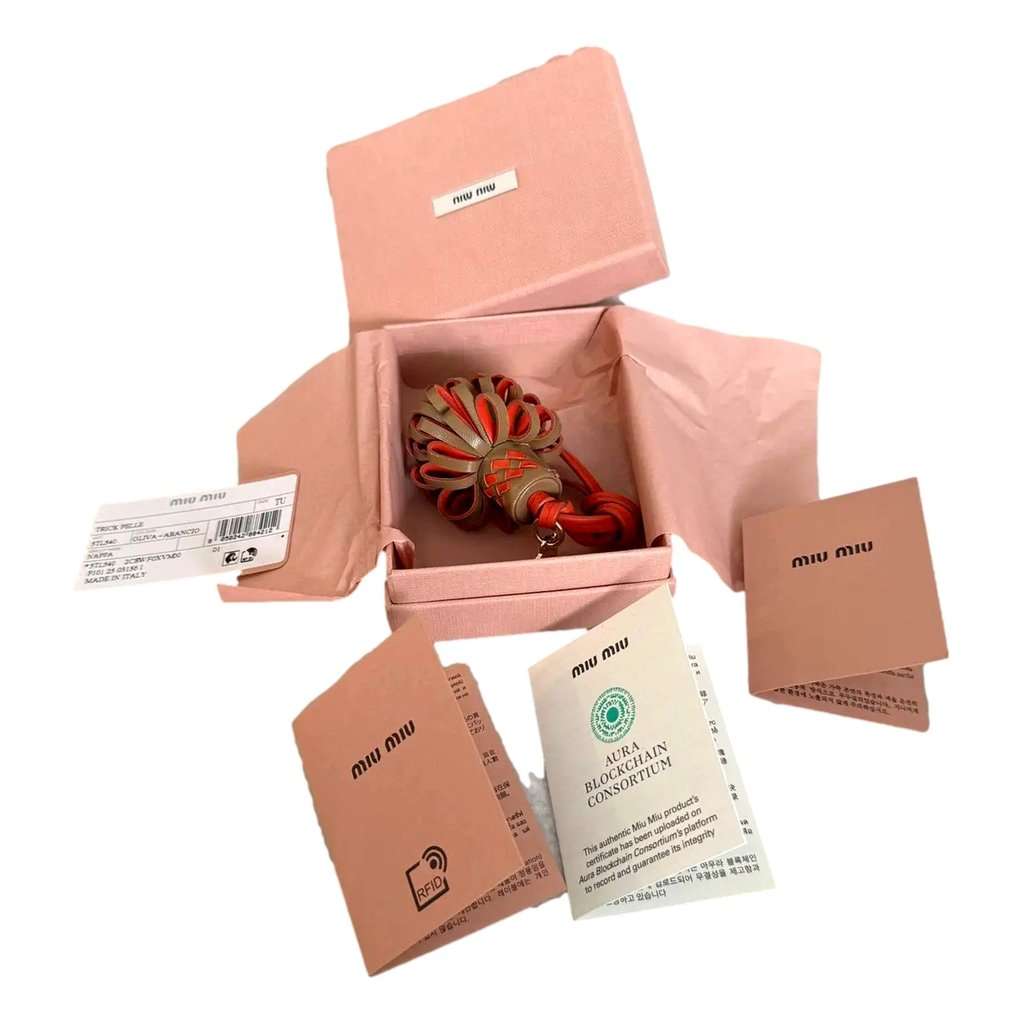 Miu Miu Miu Miu Trick Nappa Leather Pompom Bag Charm Brown and Orange Blue Leather Never worn - Box View