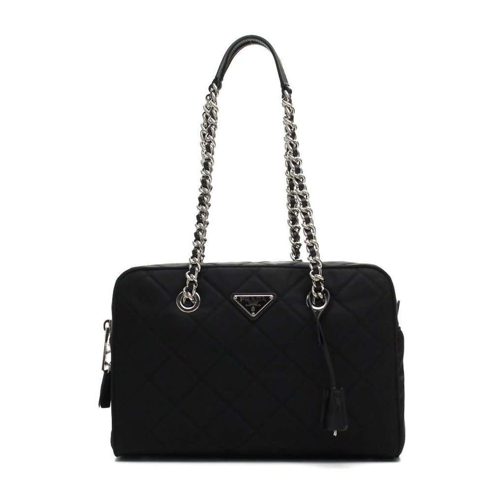 Prada Prada Black Quilted Tessuto Nylon Shoulder Bag Chain Handles Lock and Key Black Leather Never worn - Front View