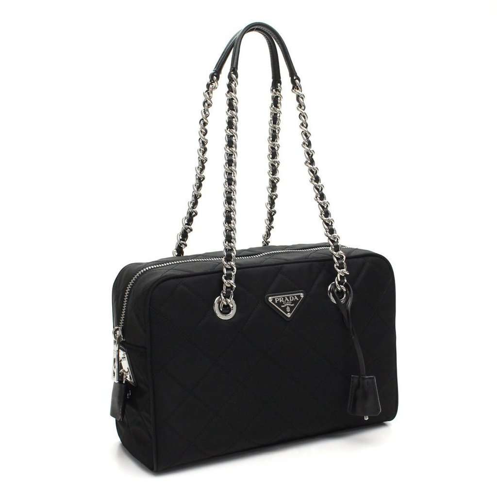 Prada Prada Black Quilted Tessuto Nylon Shoulder Bag Chain Handles Lock and Key Black Leather Never worn - Back View