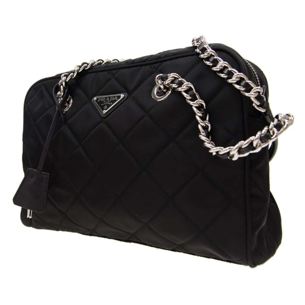 Prada Prada Black Quilted Tessuto Nylon Shoulder Bag Chain Handles Lock and Key Black Leather Never worn - Box View