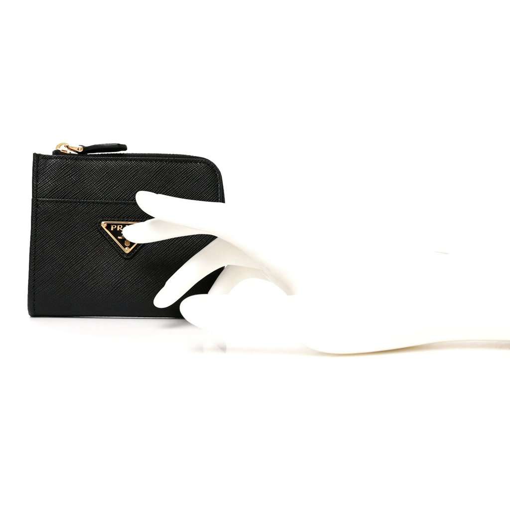 Prada Prada Saffiano Nero Black Triangle Logo Zipper Card Holder Wallet Black Leather Never worn - Model View