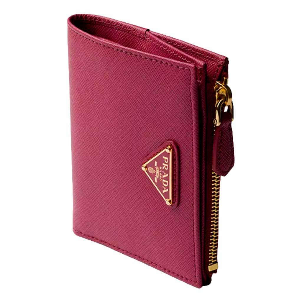 Prada Prada Saffiano Dark Pink Gold Snap Bifold Zip Coin Pocket Wallet Pink Leather Never worn - Model View