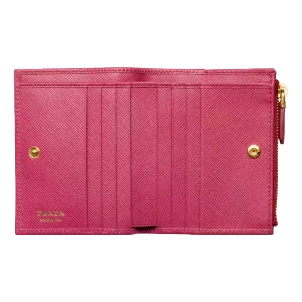 Prada Prada Saffiano Dark Pink Gold Snap Bifold Zip Coin Pocket Wallet Pink Leather Never worn - Box View