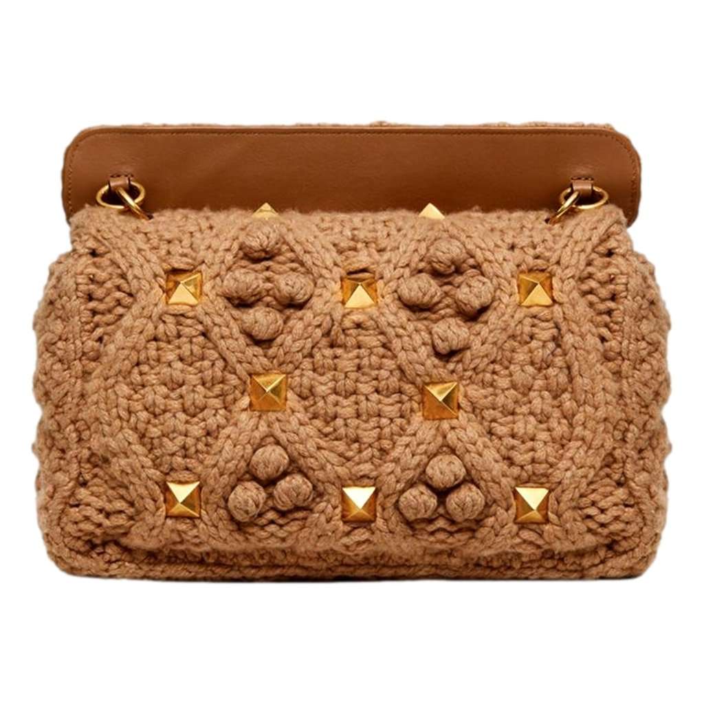 Valentino Garavani Valentino Garavani Roman Stud Large Shoulder Bag Brown Cashmere Knit Gold Hardware Brown Canvas Never worn - Inside View