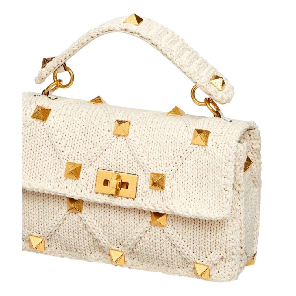 Valentino Garavani Valentino Garavani Roman Stud Large Shoulder Bag Ivory Knit Cashmere White Canvas Never worn - Model View