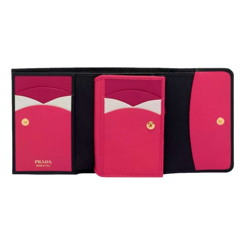 Prada Prada Saffiano Leather Black Hibiscus Multicolor Trifold Coin Zipper Card Snap Wallet Black Leather Never worn - Inside View