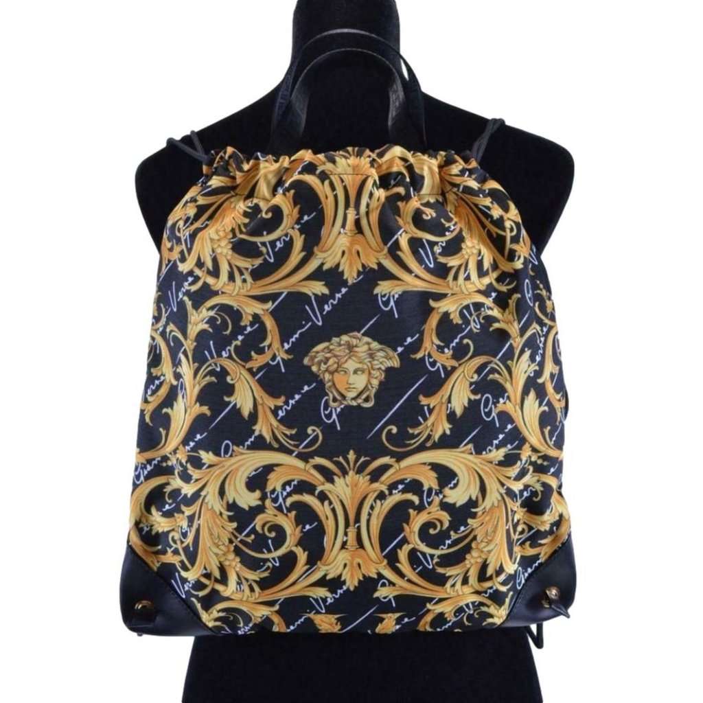 Versace Versace Barocco Print Drawstring Backpack Black Nylon La Medusa Logo Gold Leather Never worn - Back View