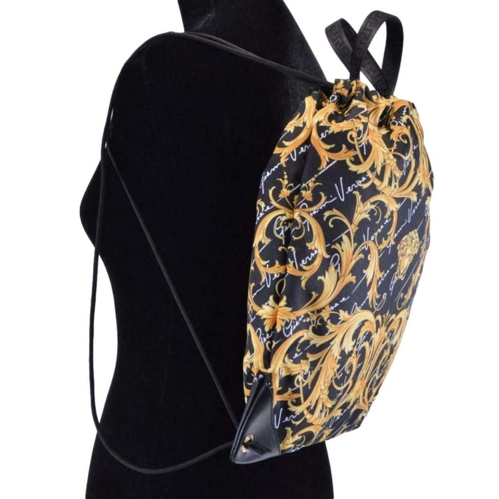 Versace Versace Barocco Print Drawstring Backpack Black Nylon La Medusa Logo Gold Leather Never worn - Inside View