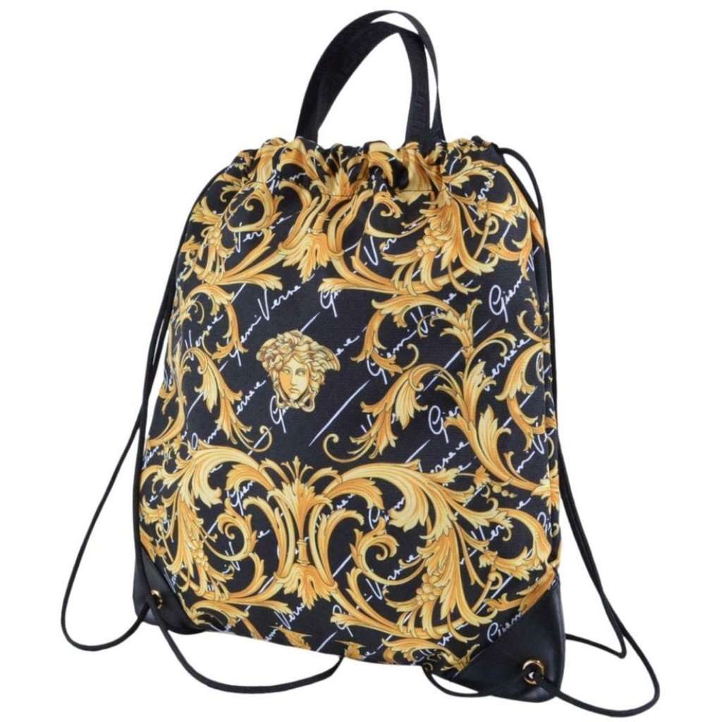 Versace Versace Barocco Print Drawstring Backpack Black Nylon La Medusa Logo Gold Leather Never worn - Model View