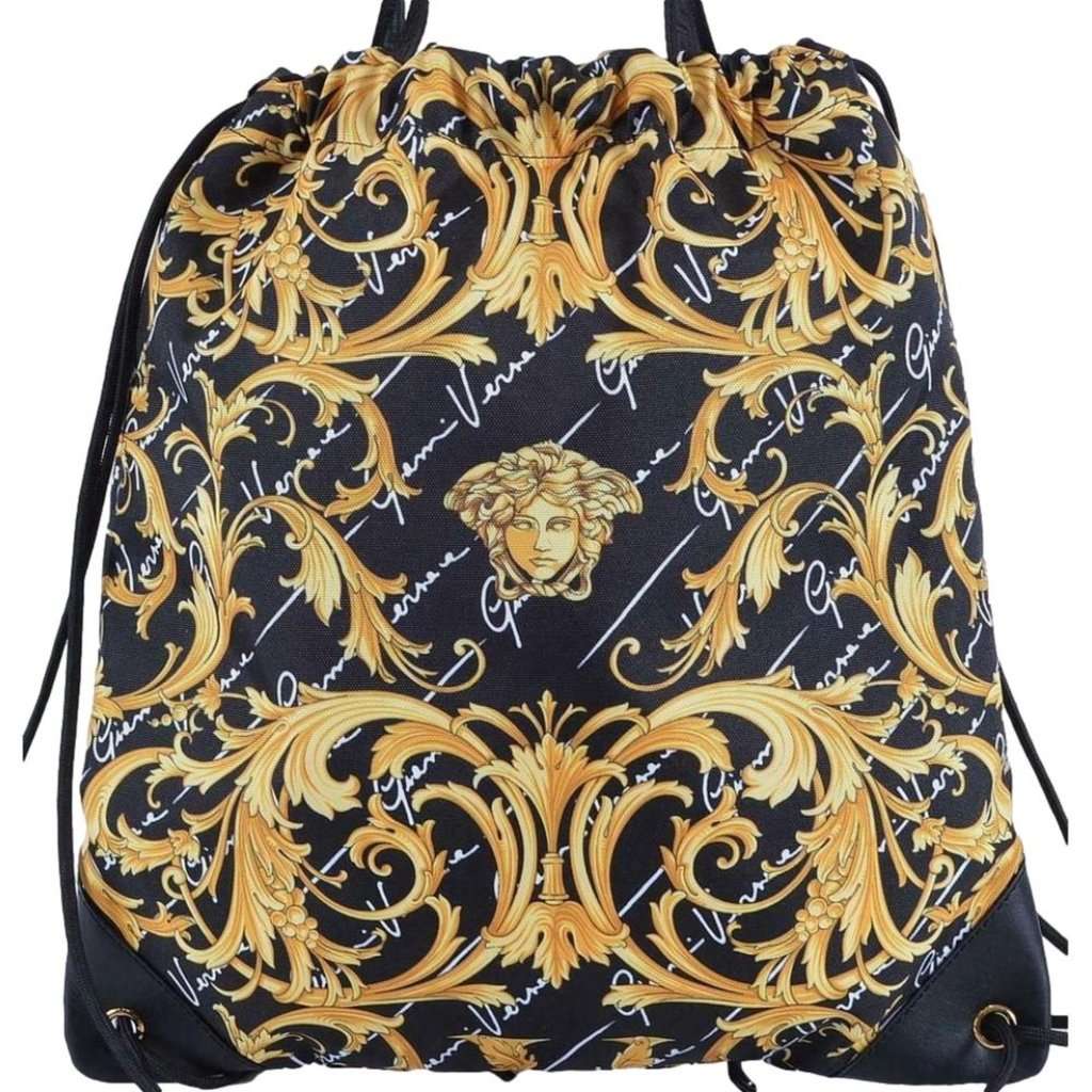 Versace Versace Barocco Print Drawstring Backpack Black Nylon La Medusa Logo Gold Leather Never worn - Box View