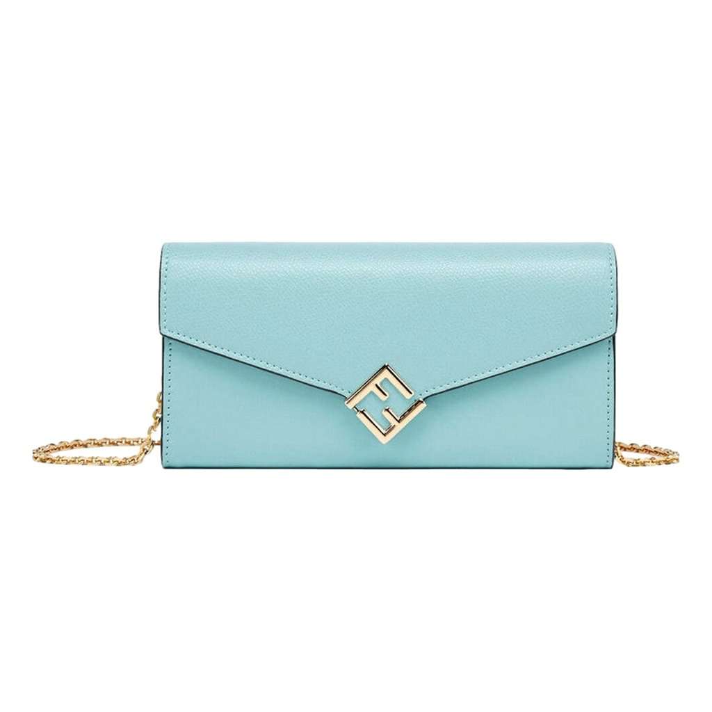 Fendi Fendi FF Diamonds Light Blue Calfskin Leather Continental Wallet on Chain Gold Hardware Blue Leather Never worn - Front View