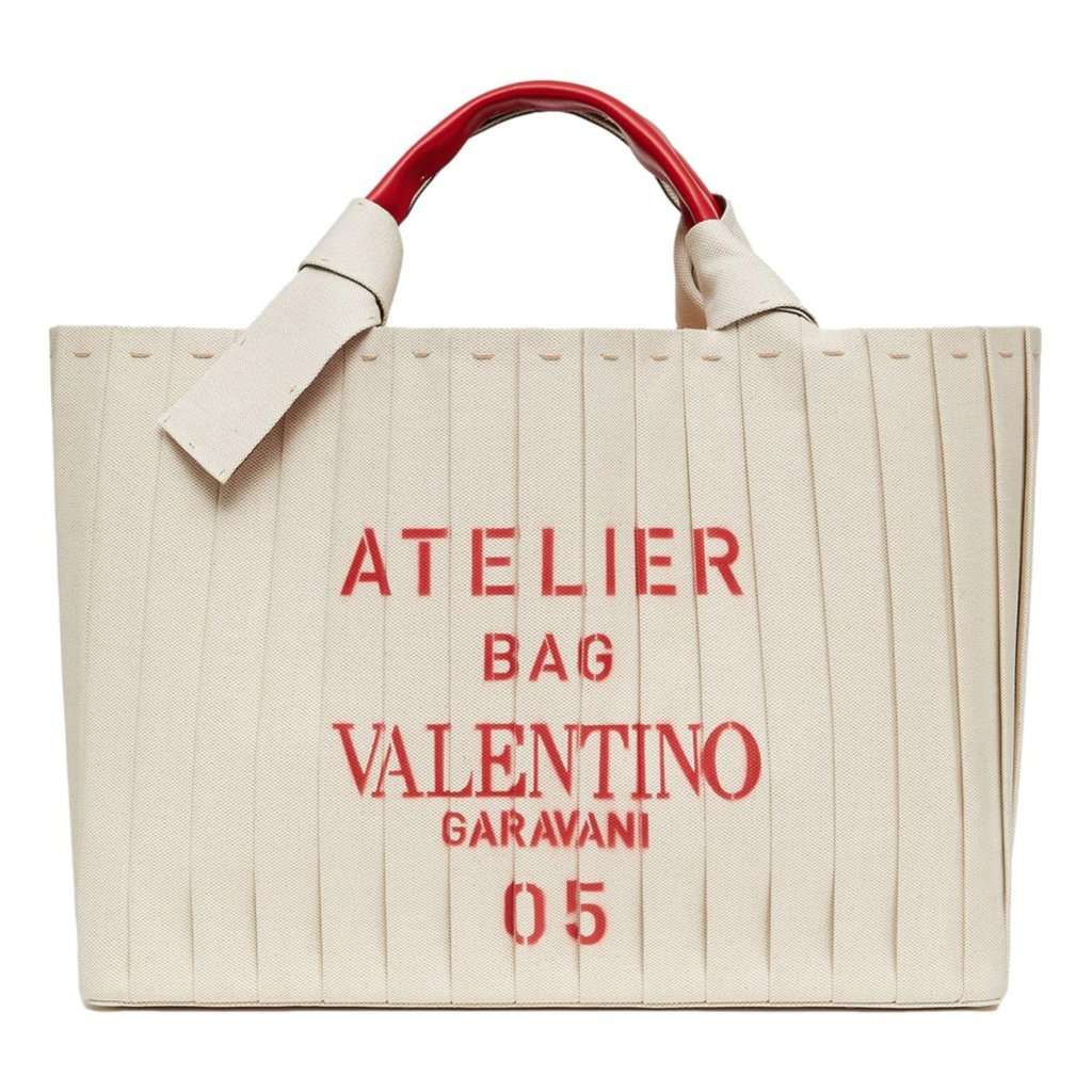 Valentino Garavani Valentino Garavani 05 Plissé Edition Sac Atelier Large Canvas Tote Bag Beige Red Trim Beige Leather Never worn - Front View