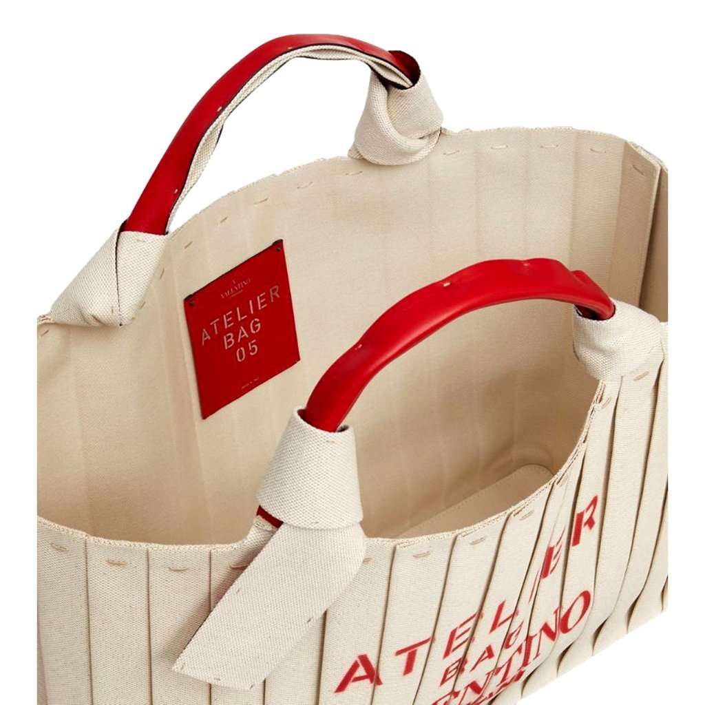 Valentino Garavani Valentino Garavani 05 Plissé Edition Sac Atelier Large Canvas Tote Bag Beige Red Trim Beige Leather Never worn - Box View