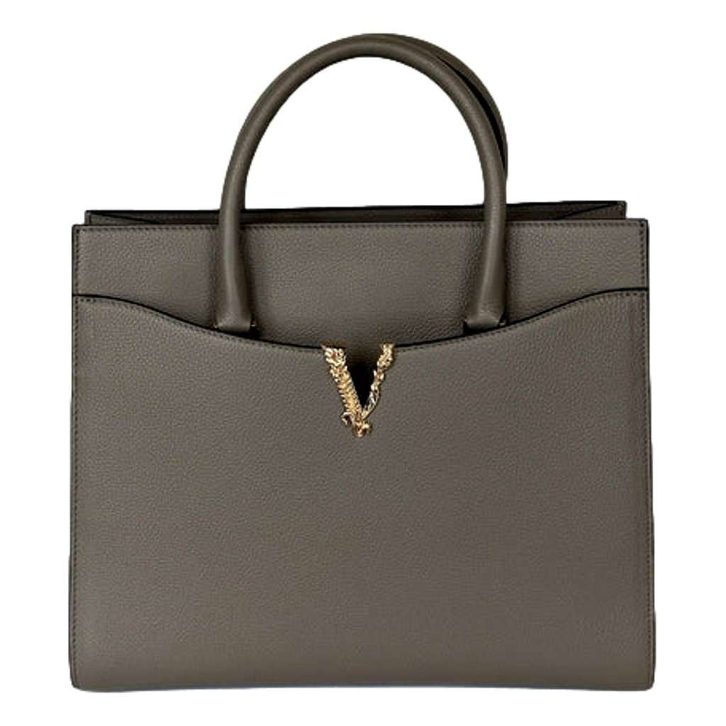 Versace Versace Virtus Medium Top Handle Tote Taupe Grey Calfskin Leather Handbag Green Leather Never worn - Front View