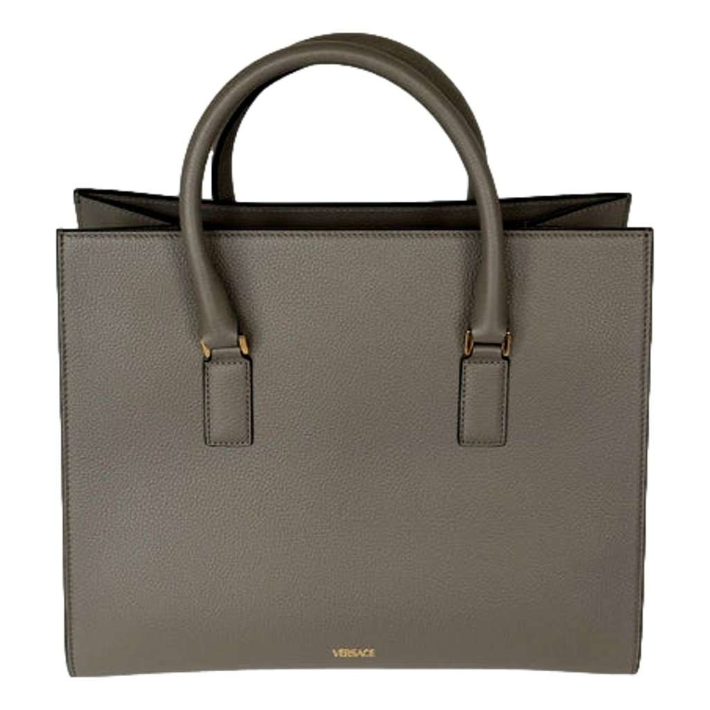 Versace Versace Virtus Medium Top Handle Tote Taupe Grey Calfskin Leather Handbag Green Leather Never worn - Back View