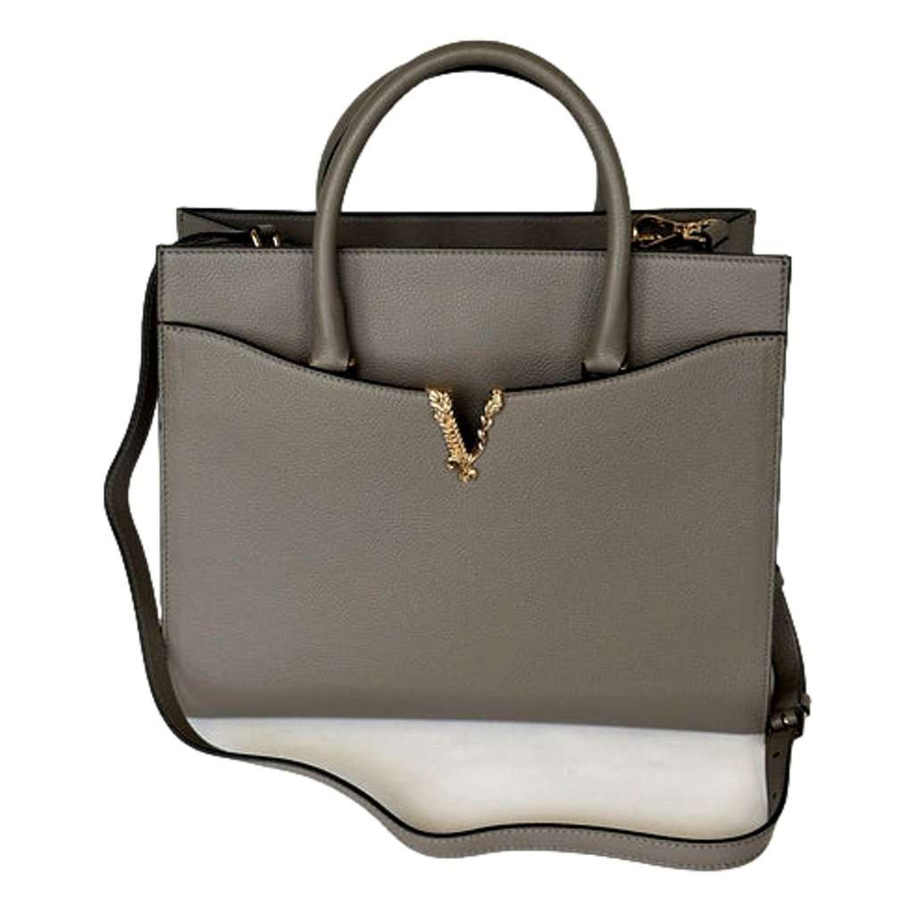 Versace Versace Virtus Medium Top Handle Tote Taupe Grey Calfskin Leather Handbag Green Leather Never worn - Model View