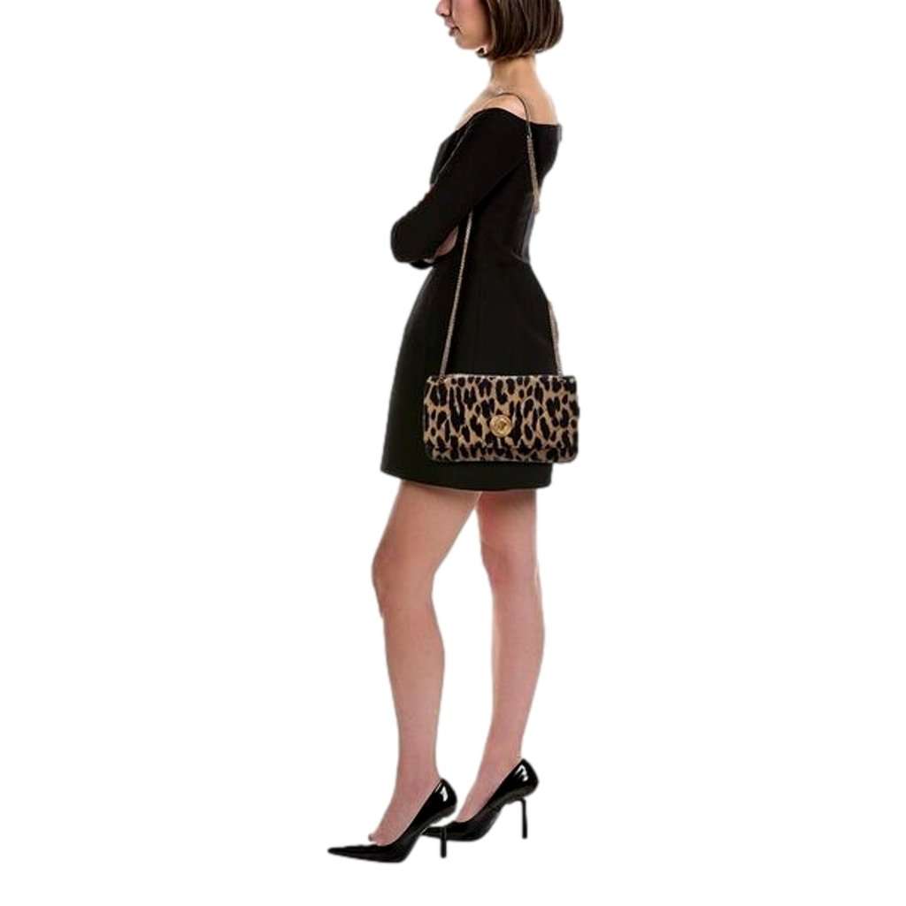 Versace Versace Leopard Print Wool Leather Shoulder Bag Gold Medallion Chain Strap Brown Wool Never worn - Model View