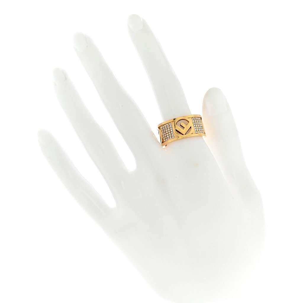Fendi Fendi F is Fendi Logo Ring Wide Band Crystal Gold Metal Size Medium Gold Never worn - Model View
