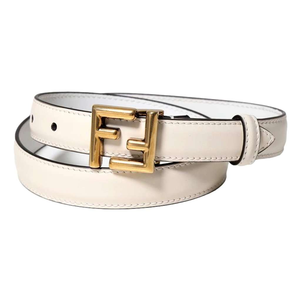 Fendi Fendi FF Logo Gold Tone Buckle White Leather Skinny Belt 80 White Leather Never worn - Back View