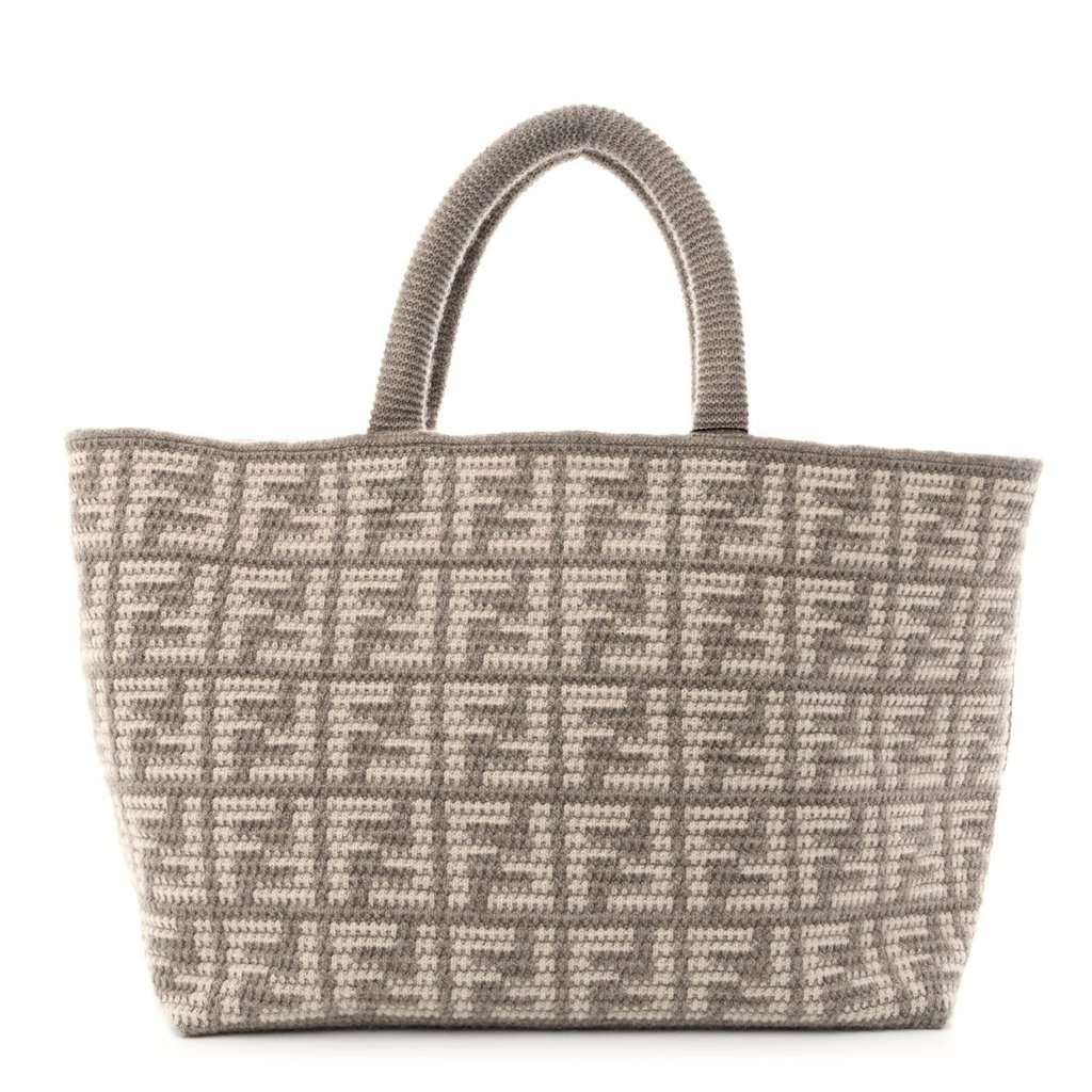 Fendi Fendi FF Tortora Gray Knitted Cashmere Wool Large Shopper Tote Bag Grey Canvas Never worn - Front View
