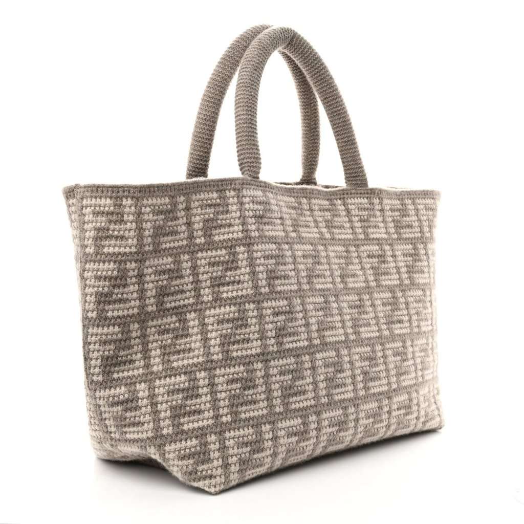 Fendi Fendi FF Tortora Gray Knitted Cashmere Wool Large Shopper Tote Bag Grey Canvas Never worn - Back View