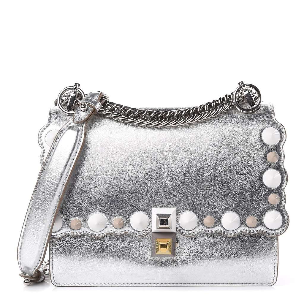Fendi Fendi Kan I Metallic Silver Calfskin Scalloped Studded Bag Silver Leather Never worn - Front View