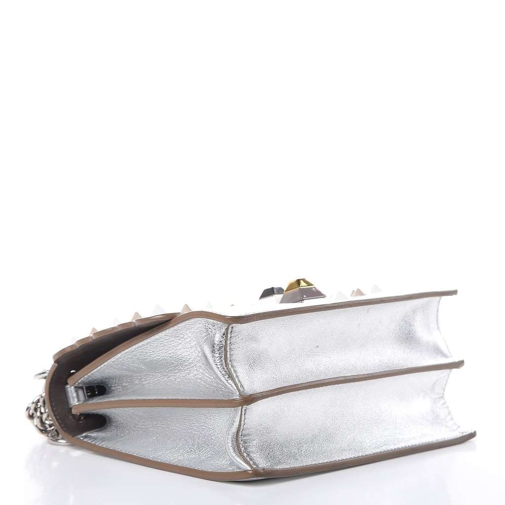 Fendi Fendi Kan I Metallic Silver Calfskin Scalloped Studded Bag Silver Leather Never worn - Inside View