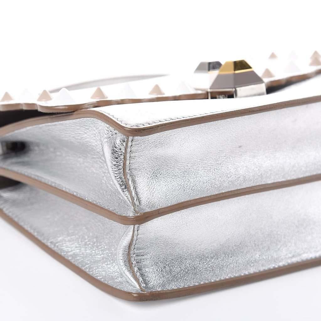 Fendi Fendi Kan I Metallic Silver Calfskin Scalloped Studded Bag Silver Leather Never worn - Model View