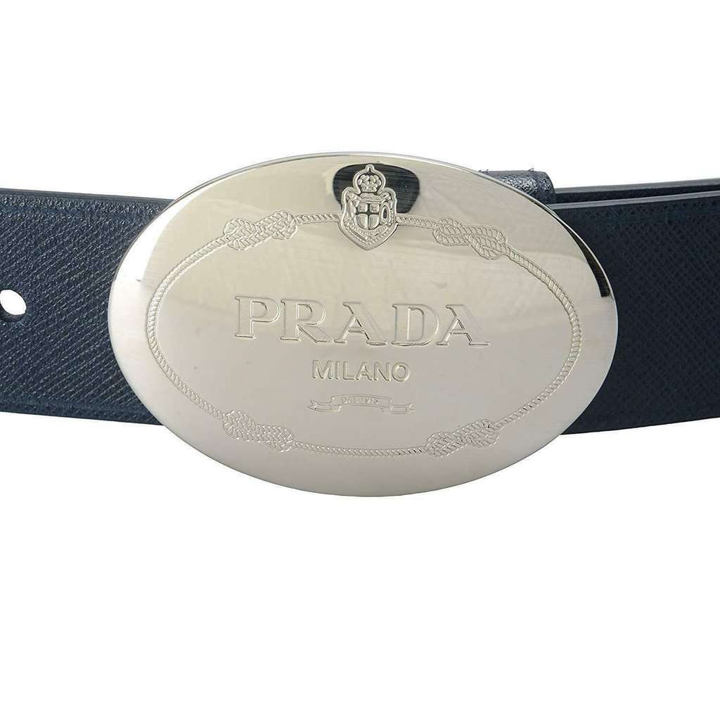 Prada Prada Mens Navy Saffiano Leather Belt  Silver Oval Buckle Belt Size 90/36 Blue Leather Never worn - Model View