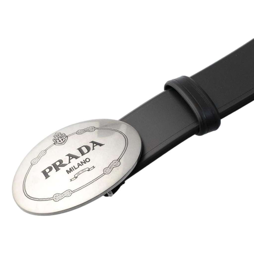 Prada Prada Mens Navy Saffiano Leather Belt Silver Belt Buckle Size 100/40 Black Leather Never worn - Back View