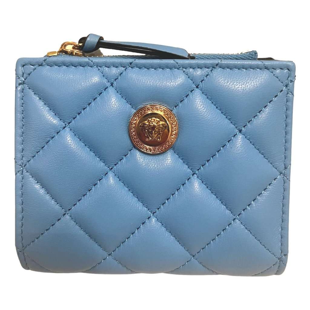 Versace Versace La Medusa Blue Quilted Lamb Leather Compact Snap Wallet Blue Leather Never worn - Front View