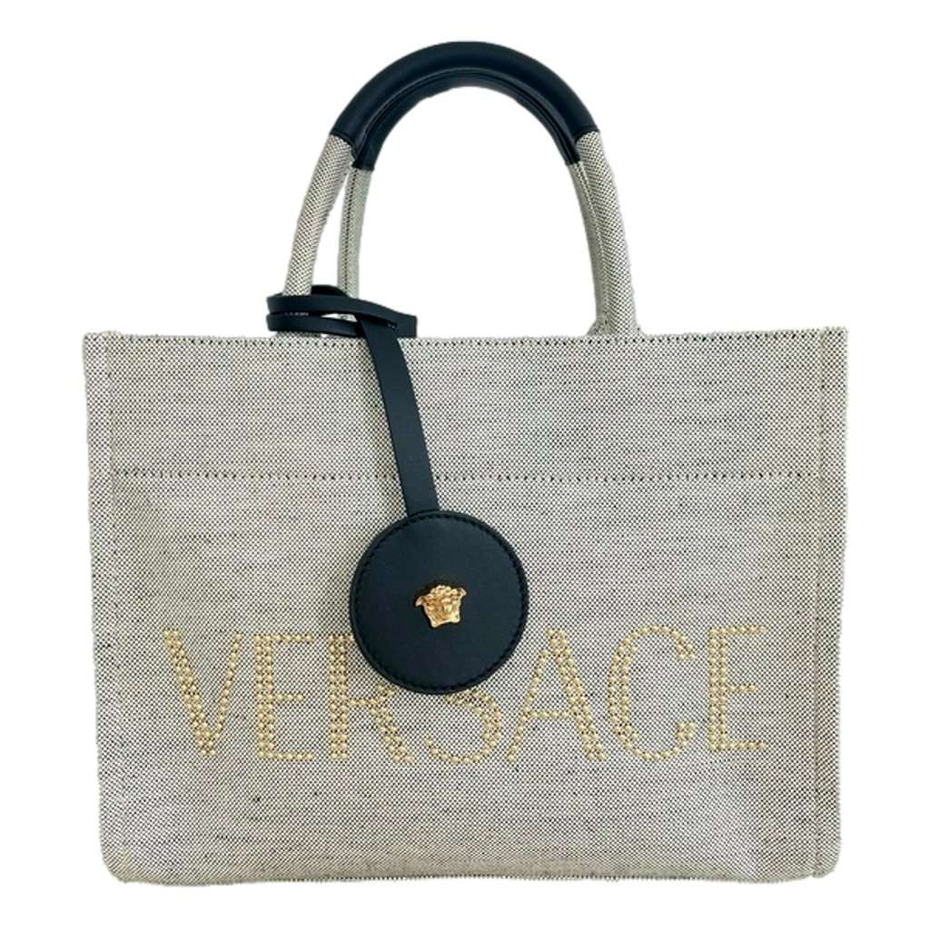 Versace Versace Studded Logo Mini Tote Ecru Canvas Crossbody Bag Gold Hardware Silver Leather Never worn - Front View