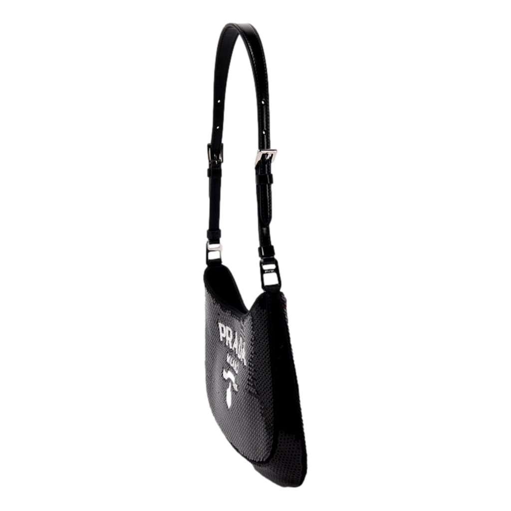 Prada Prada Cleo Black and White Sequin Milano Logo Mini Leather Shoulder Bag Black Satin Never worn - Model View