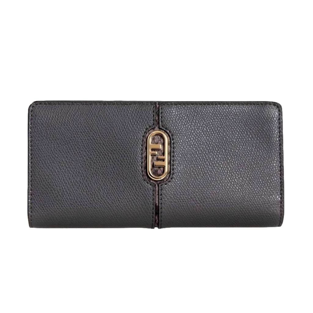 Fendi Fendi O'Lock Anthracite Gray and Python Print Leather Snap Continental Wallet Brown Leather Never worn - Front View