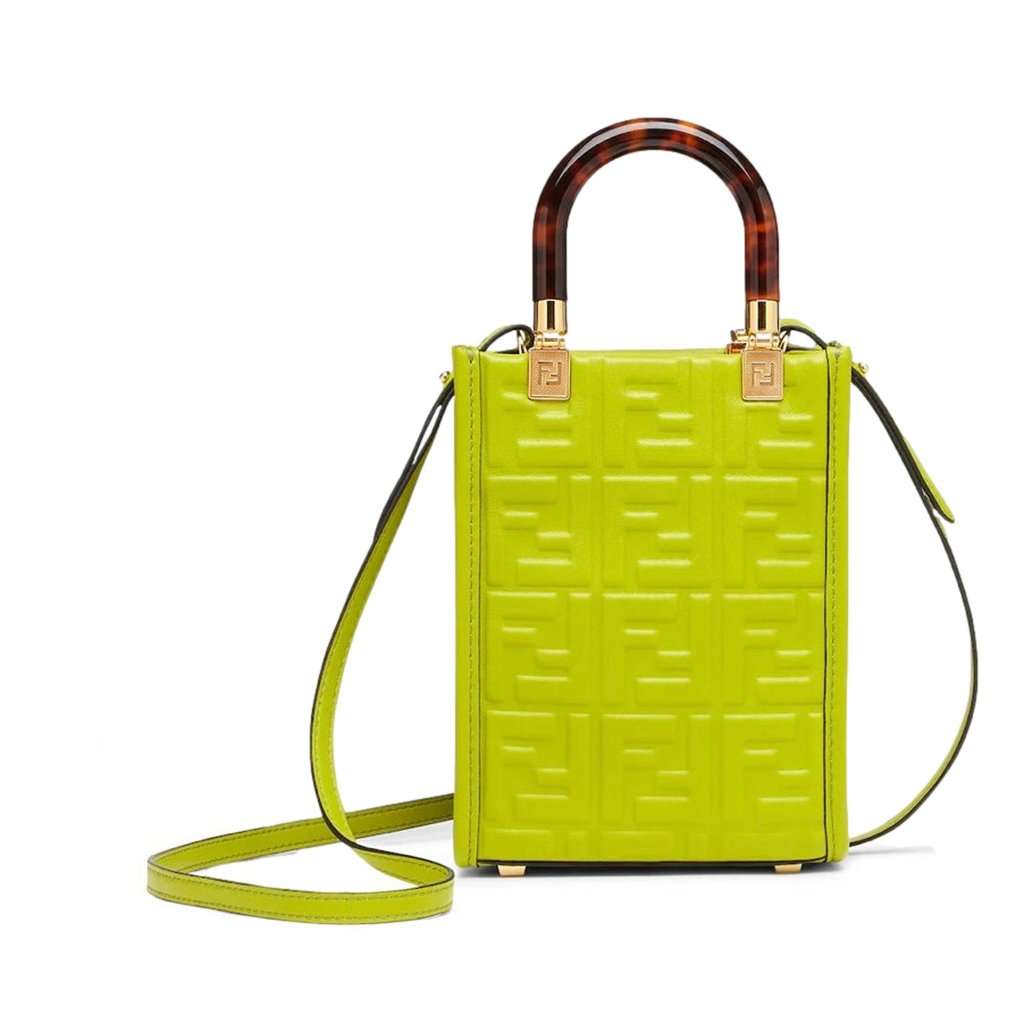 Fendi Fendi Mini Sunshine Shopper Tote Crossbody Wasabi Green Zucca Leather Green Leather Never worn - Front View