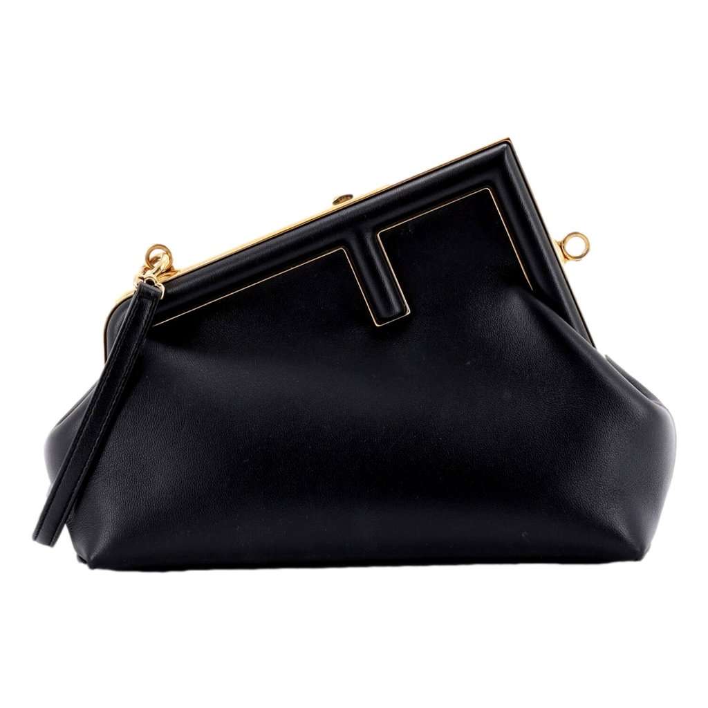 Fendi Fendi First Midi Nappa Leather Clutch Crossbody Bag Nero Black Gold FF Logo Black Leather Never worn - Front View