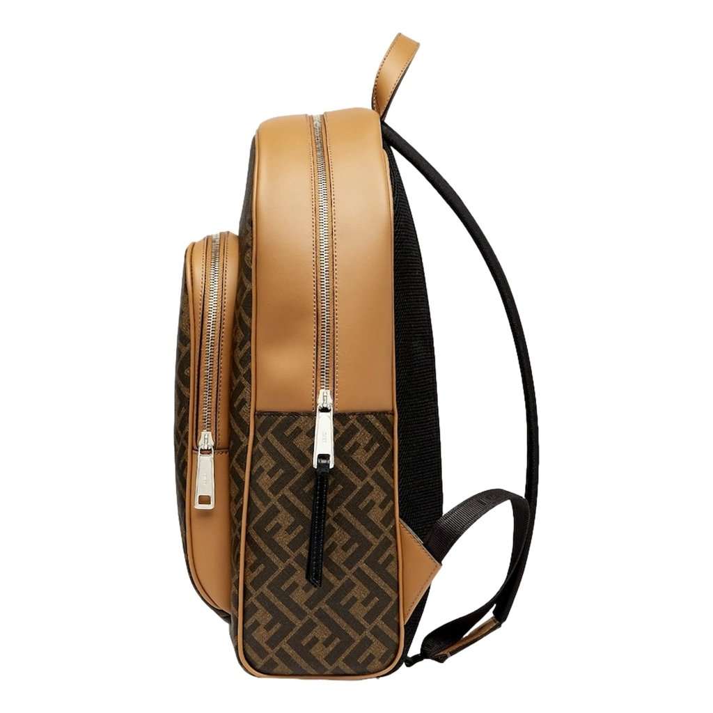 Fendi Fendi Diagonal FF Logo Backpack Black Canvas Leather Trim Brown Leather Never worn - Back View
