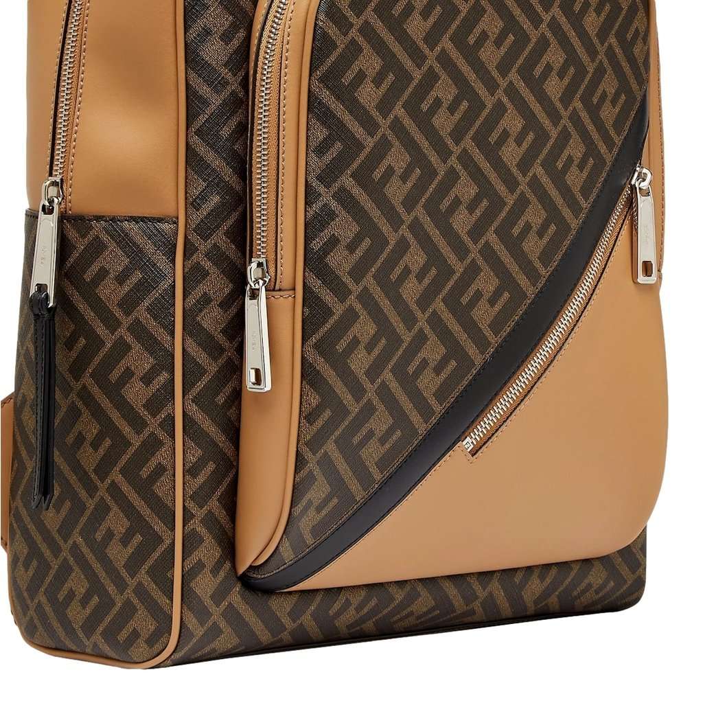 Fendi Fendi Diagonal FF Logo Backpack Black Canvas Leather Trim Brown Leather Never worn - Model View