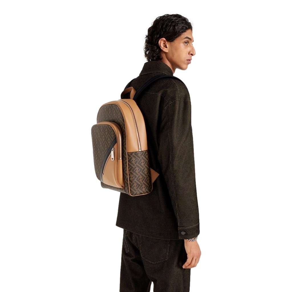 Fendi Fendi Diagonal FF Logo Backpack Black Canvas Leather Trim Brown Leather Never worn - Box View